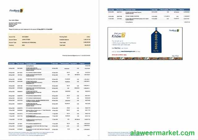 Nigeria First Bank account statement Word and PDF template, 2 pages, version 2